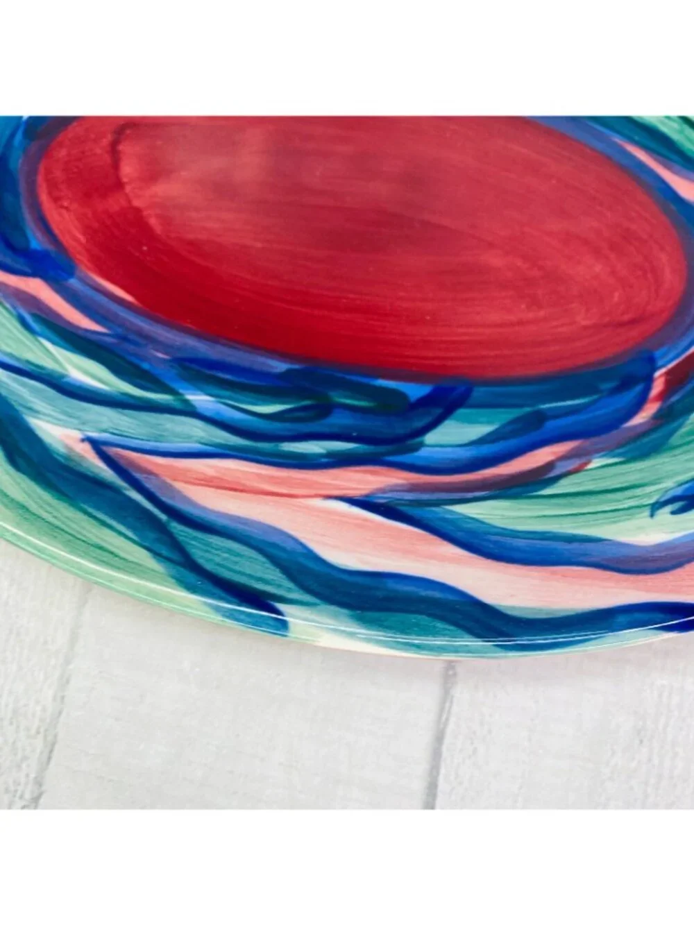 Gail Pittman FLAME Red Green Blue Wavy Line Band Ceramic 11.5